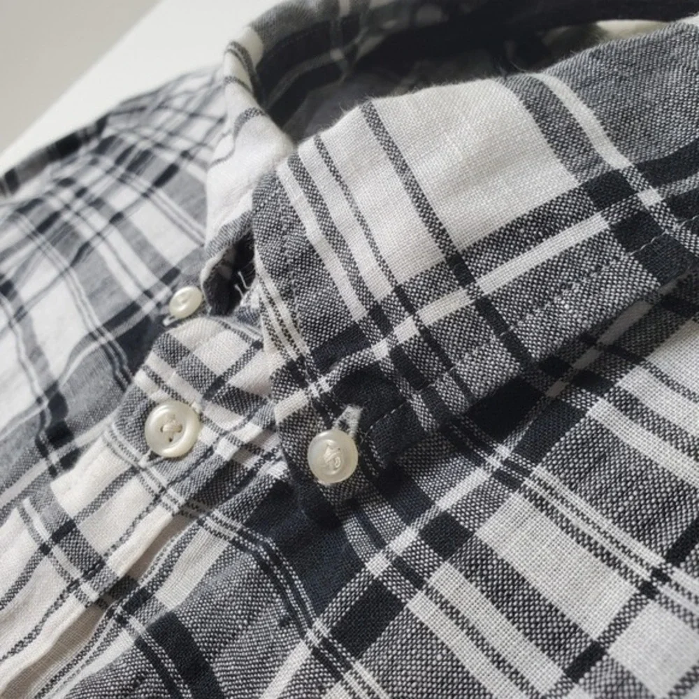 Ralph Lauren Black White Plaid Slub Linen Shirt Button Down Long Sleeve Youth Lg